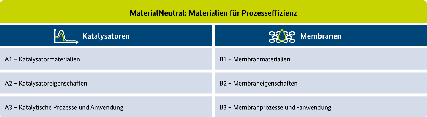 Abbildung zeigt Modul 1. Aufgeteilt in Katalyse und Membranen mit Unterpunkten.Quelle: Projektträger Jülich