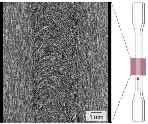 CT-Aufnahme der Ausprägung der Faserorientierung in Flussrichtung innerhalb eines Schulterstabs @Technische Universität Dresden- Institut für Leichtbau und Kunststofftechnik (ILK)